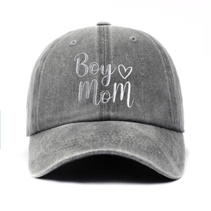 Washed cotton baseball cap in dark gray featuring white Boy Mom embroidery design