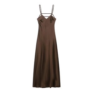 Elegant deep coffee satin slip dress with a V-neck and silky texture for women