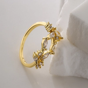 Adjustable Open Ring For Women 18K Gold Plated Copper Geometric Cubic Zirconia Dainty Minimalist Fashion Jewelry