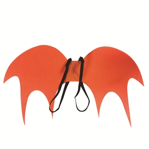 Detail of orange bat wing costume made of felt fabric with black elastic shoulder straps