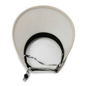 Chapeau de soleil beige à calotte ouverte avec large bord et cordon réglable coupe-vent