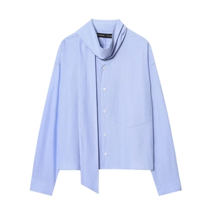 Women Long Sleeve Blouse Sky Blue Bow Tie Neck Button Down Solid Color Polyester Elegant Shirts For Ladies