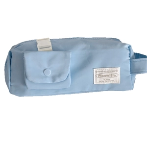 Light blue padded pencil case with buckle closure and side handle for school students