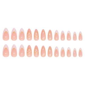 24pcs almond press-on nails featuring pink tones with golden stars and purple bows