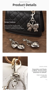 Detail of leopard print heart and bow charms with silver metal clips on a handbag