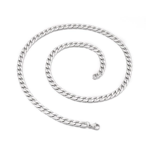 Polished stainless steel curb chain necklace with secure lobster clasp on white background