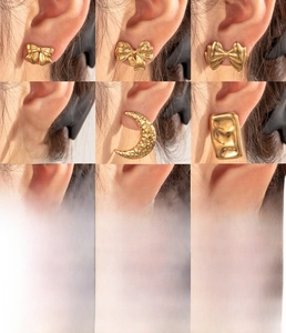 Detailed views of gold-plated titanium bow earrings and geometric studs for women