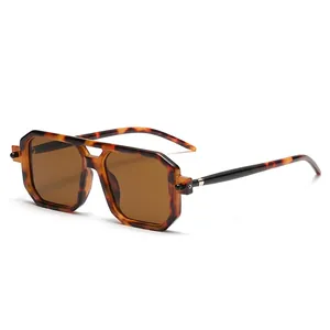 Stylish double bridge square sunglasses with tortoise shell frames and brown lenses