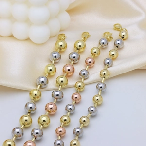 Three-tone 18k gold plated ball chain bracelets in gold, silver, and rose gold finishes