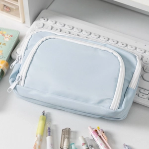 Large capacity light blue pencil case with double zippers and front window design