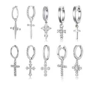 925 Sterling Silver Cross Hoop Earrings For Women Zirconia Inlaid European ins Style Gold Silver Color Drop Dangle Jewelry