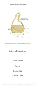 Detail showing yellow pleated canvas bag with zipper closure and polyester material specs