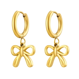 Elegant gold stainless steel hoop earrings with 3D bow pendant on a clean white background