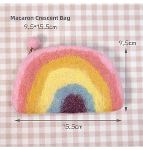 Detail view of rainbow wool felt macaron coin purse with size dimensions 15.5cm x 9.5cm