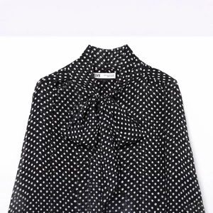 Polka Dot Chiffon Blouse With Bow Tie Neck Long Sleeve Lantern Sleeve Stand Collar Vintage Elegant Shirt For Women
