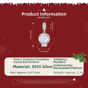 Detail specifications of Christmas snowflake crystal ball pendant in S925 sterling silver
