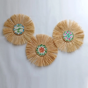 Set of 3 bohemian woven wall decors with ceramic flower patterns and straw fringes