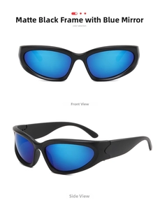 Front and side view of matte black wrap-around sunglasses with blue mirror lenses