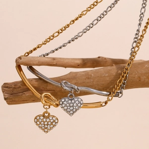 Colliers en or 18 carats et argent avec nœud en V et pendentifs cœur en strass