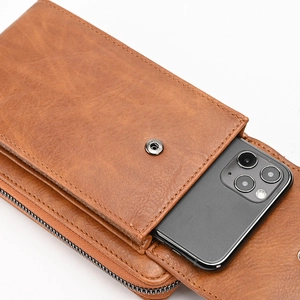 Brown vintage leather crossbody phone bag with magnetic clasp and zipper compartments
