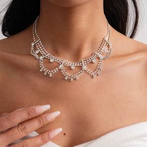 Detailed close-up of a silver-tone luxury bridal choker with layered diamond rhinestones