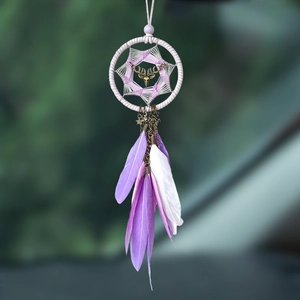 Detail of dreamcatcher pendant with deer head charm and purple gradient feathers