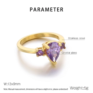 Detail specifications of stainless steel ring with drop-shaped purple crystal stone
