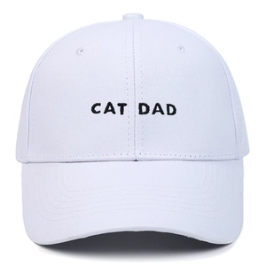 White cotton baseball cap featuring black CAT DAD embroidery and six-panel design