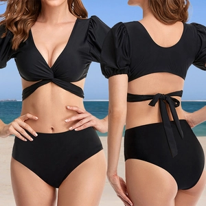Top E Slip Bikini Donna Costume Da Bagno Maniche A Sbuffo Scollo V Vita Alta Poliestere Elastan Nero Sexy Abbigliamento Mare