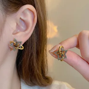 Vintage Star Planet Stud Earrings Copper With Black Zircon And Silver Earring Post Antique Gold Style For Women