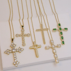 Elegant 18k gold plated brass cross necklaces with zircon and green gemstones for women