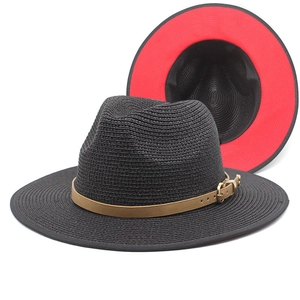 Classic black and red two-tone fedora hat with brown leather band for men and women