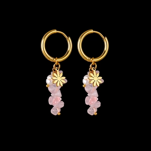 French vintage 14k gold earrings with pink natural stones, pearls and floral charms