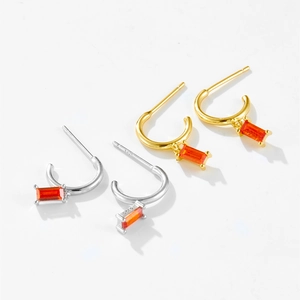Elegant S925 sterling silver J-hoop earrings with orange rectangular zircon drops