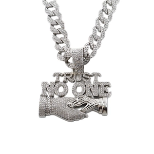 Hip hop silver Cuban chain with iced-out Trust No One handshake pendant for men