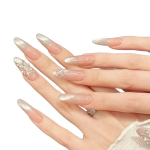 Faux ongles amande dégradé rose perle avec flocons d'argent et décors en strass