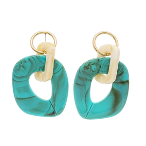 Modern teal marble acrylic geometric hoop earrings with white and gold accents