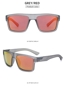 Detail view of polarized sports sunglasses with gray matte frame and red mirror lenses