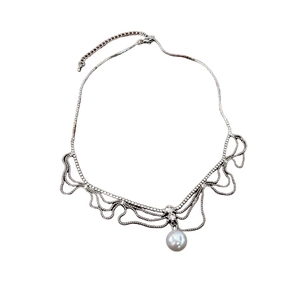 Silver wave choker necklace with sparkling rhinestones and a white pearl drop pendant