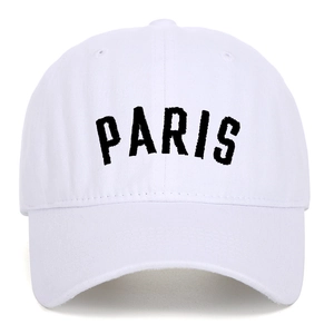 White cotton washed baseball cap with Paris embroidery and curved brim for outdoor use