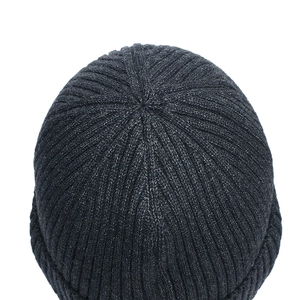 Winter thermal knit beanie hat with windproof ear protection in dark grey ribbed fabric