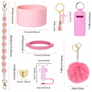 8-piece pink Stanley cup accessory set with glitter cross straw cap and silicone boot