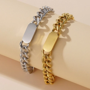 Cuban link titanium steel bracelets in gold and silver with customizable ID tag