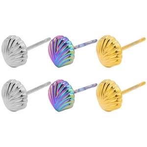 Macro detail of 304 stainless steel shell stud earrings in silver, gold and rainbow finish