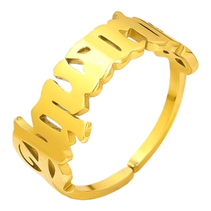 Detailed view of the gold Virgo constellation ring with gothic lettering and open band