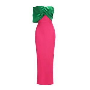 Detail of twist knot bodice on green and magenta satin fishtail evening gown