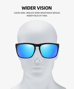 Black frame sports sunglasses with blue mirrored lens showing wide field of vision