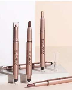 Dual-head eyeshadow stick with shimmer cream tip and sponge applicator in rose gold case