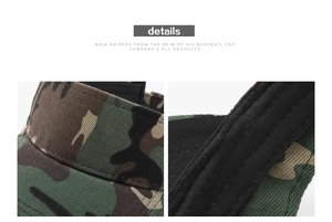 Dettaglio macro del cappello mimetico con cuciture rinforzate e twill di cotone pregiato