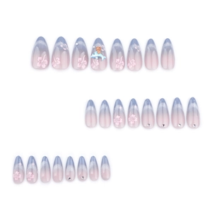French blue cat-eye almond press-on nails with 3D bear dolphin and flower art